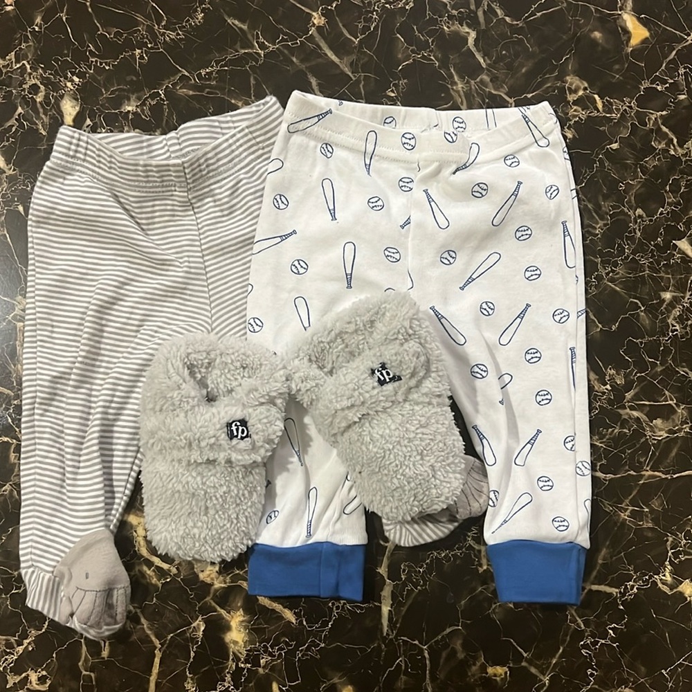 2 pair pants and a pair of slippers